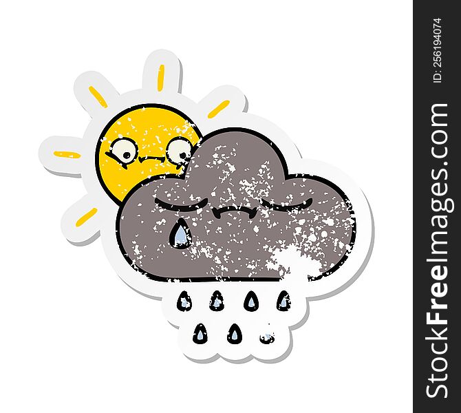 Distressed Sticker Of A Cute Cartoon Storm Cloud And Sun