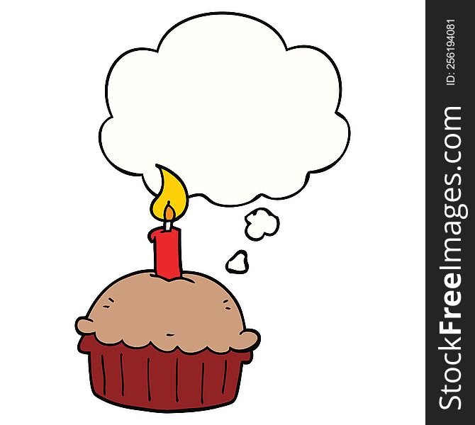 cartoon birthday cupcake with thought bubble. cartoon birthday cupcake with thought bubble