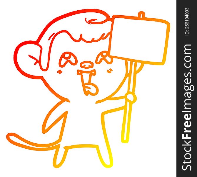 Warm Gradient Line Drawing Crazy Cartoon Monkey With Sign