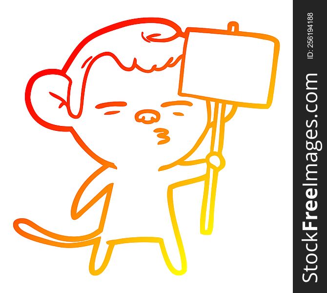 Warm Gradient Line Drawing Cartoon Suspicious Monkey With Signpost