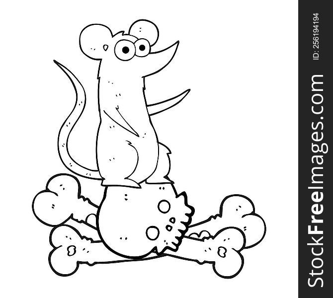 freehand drawn black and white cartoon rat on bones