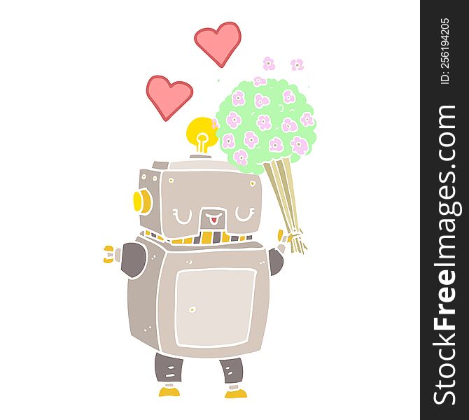 flat color style cartoon robot in love