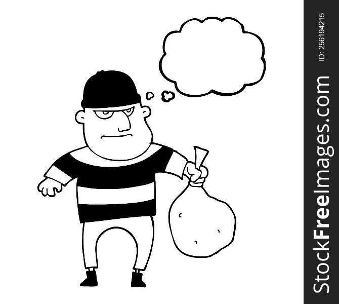 freehand drawn thought bubble cartoon burglar with loot bag