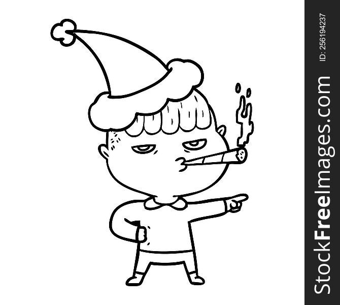 line drawing of a man smoking wearing santa hat