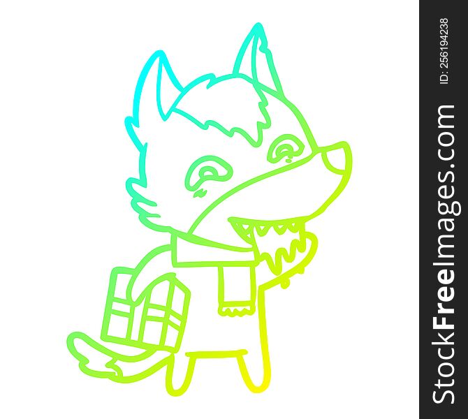 cold gradient line drawing of a cartoon hungry wolf holding christmas present