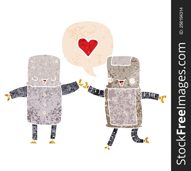 cartoon robots in love and speech bubble in retro textured style