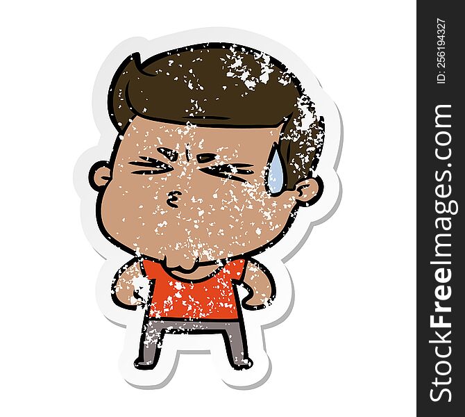 Distressed Sticker Of A Cartoon Man Sweating