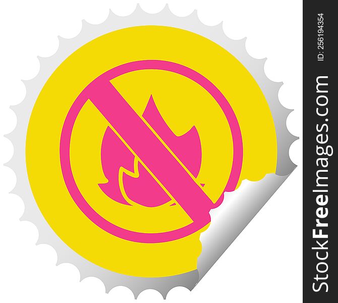 circular peeling sticker cartoon of a no fire allowed sign