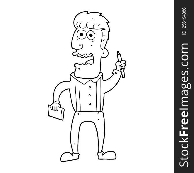 freehand drawn black and white cartoon stressed reporter