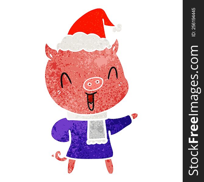 happy hand drawn retro cartoon of a pig in winter clothes wearing santa hat