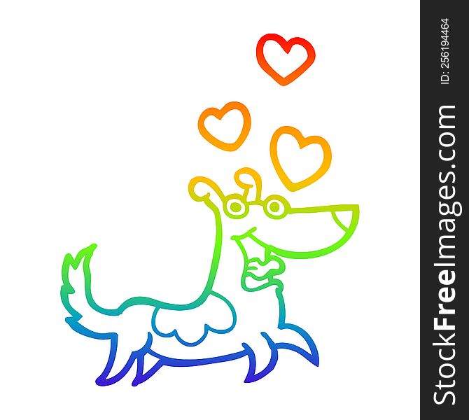 Rainbow Gradient Line Drawing Cartoon Dog With Love Hearts