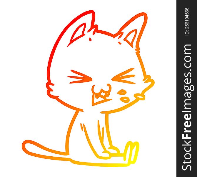 Warm Gradient Line Drawing Cartoon Sitting Cat Hissing