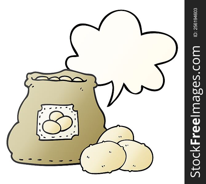 Cartoon Bag Of Potatoes And Speech Bubble In Smooth Gradient Style