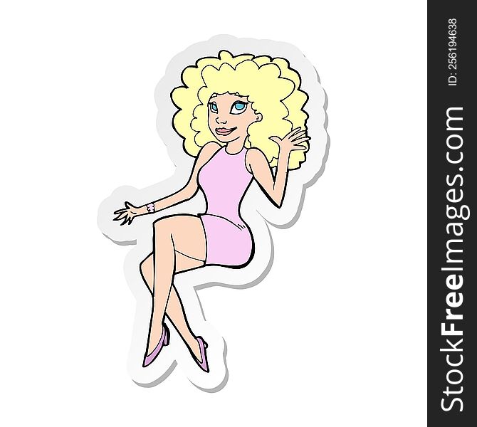sticker of a cartoon sitting woman waving