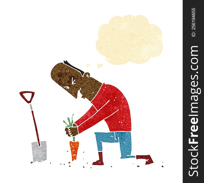 cartoon gardener with thought bubble