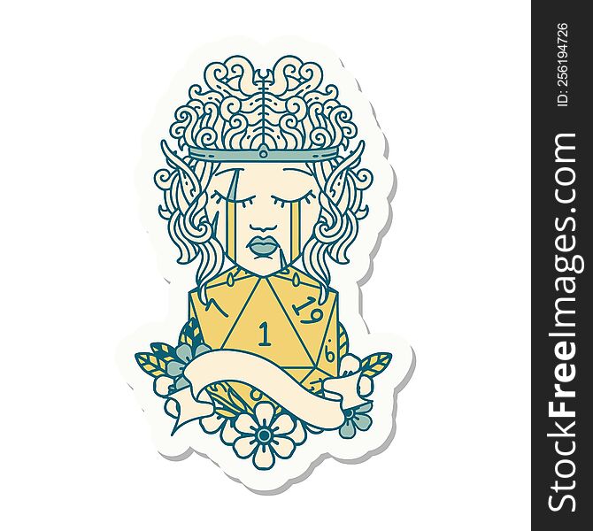 sticker of a sad elf barbarian character face with natural one D20 roll. sticker of a sad elf barbarian character face with natural one D20 roll