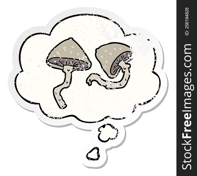 cartoon mushrooms with thought bubble as a distressed worn sticker