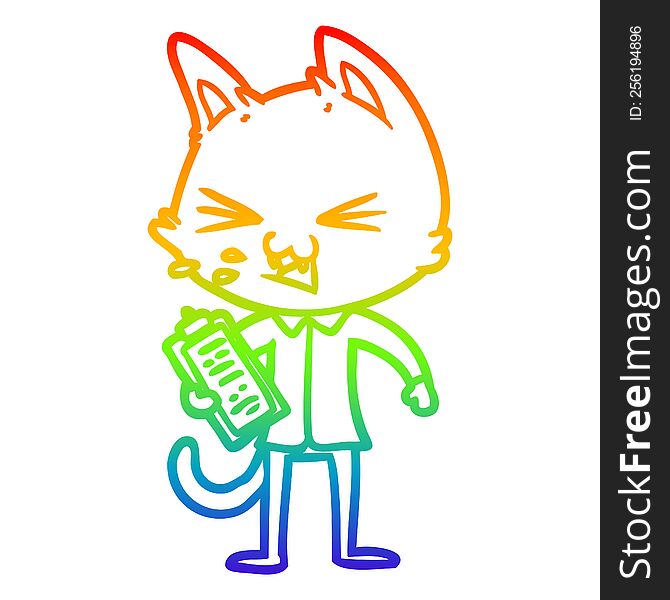 rainbow gradient line drawing of a cartoon salesman cat hissing