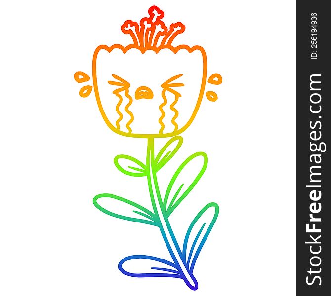 rainbow gradient line drawing of a cartoon crying flower