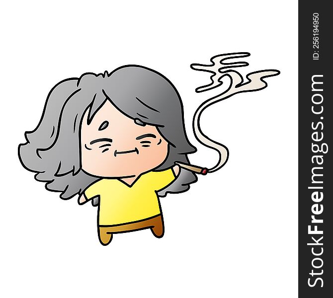freehand drawn gradient cartoon of cute kawaii old woman
