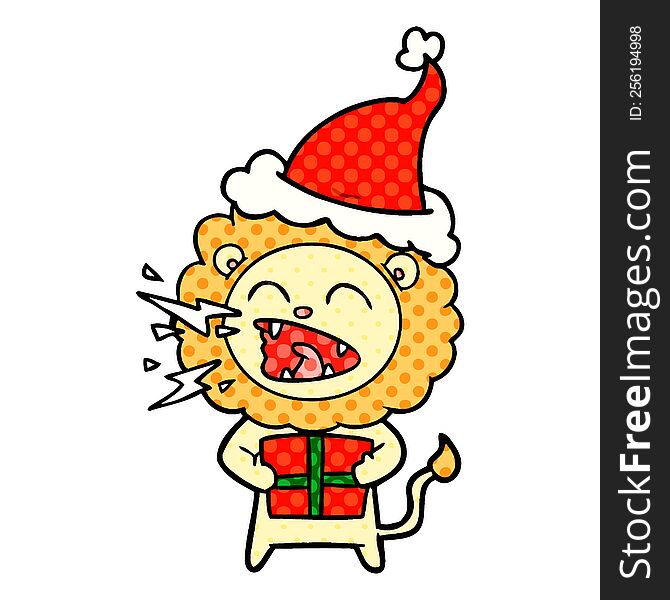 hand drawn comic book style illustration of a roaring lion with gift wearing santa hat