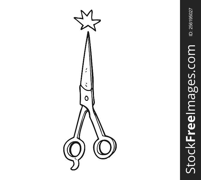 freehand drawn black and white cartoon barber scissors