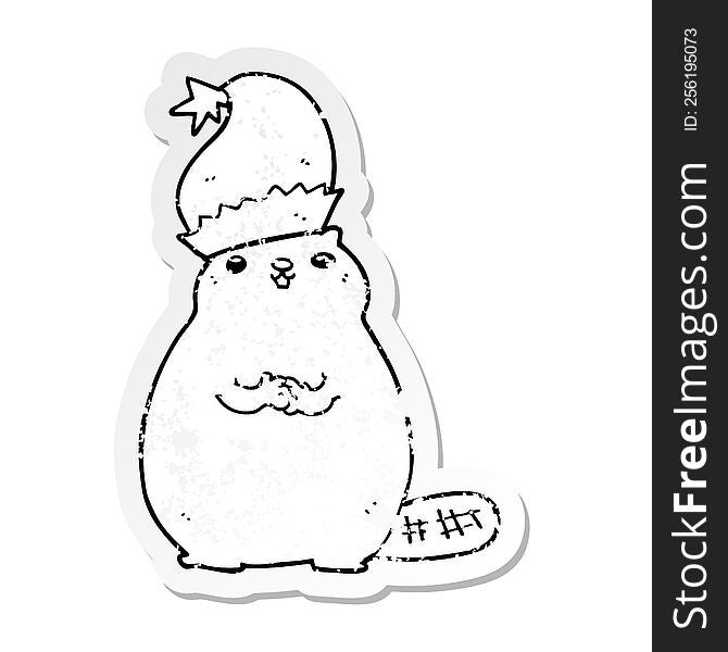 Distressed Sticker Of A Cartoon Christmas Beaver