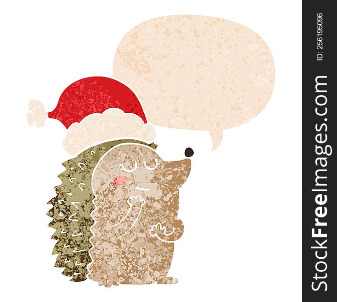 Cartoon Hedgehog Wearing Christmas Hat And Speech Bubble In Retro Textured Style