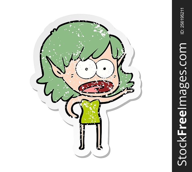 distressed sticker of a cartoon shocked elf girl