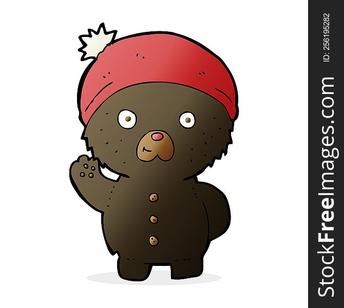cartoon waving black teddy bear in winter hat