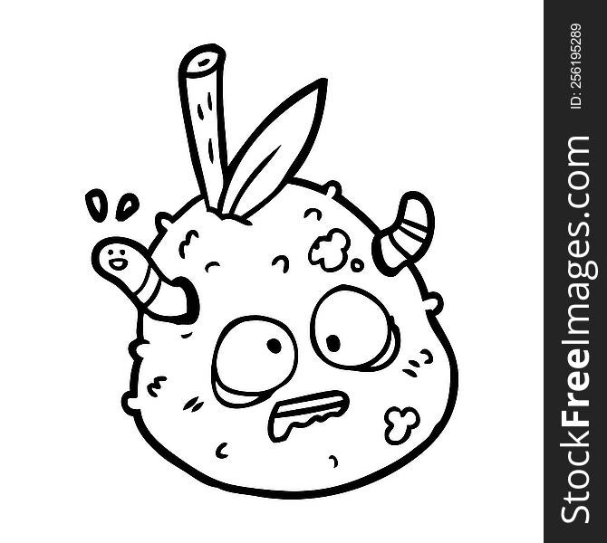 line drawing of a rotting old pear with worm. line drawing of a rotting old pear with worm