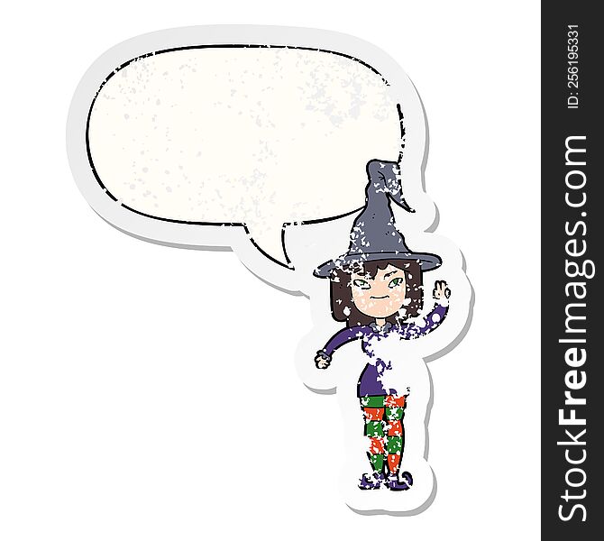 Cartoon Witch And Speech Bubble Distressed Sticker