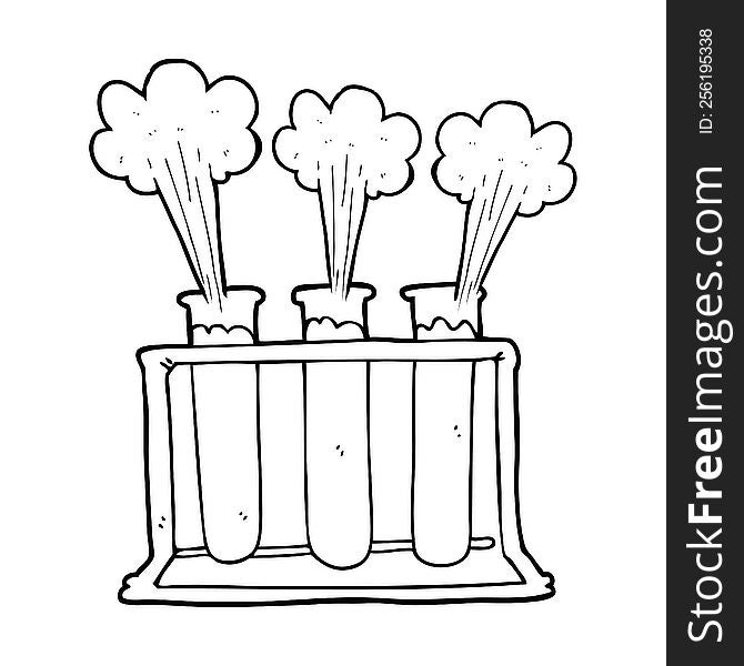 freehand drawn black and white cartoon rack of test tubes exploding