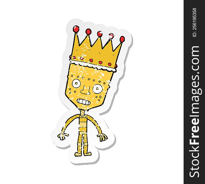 Retro Distressed Sticker Of A Cartoon Robot With Crown