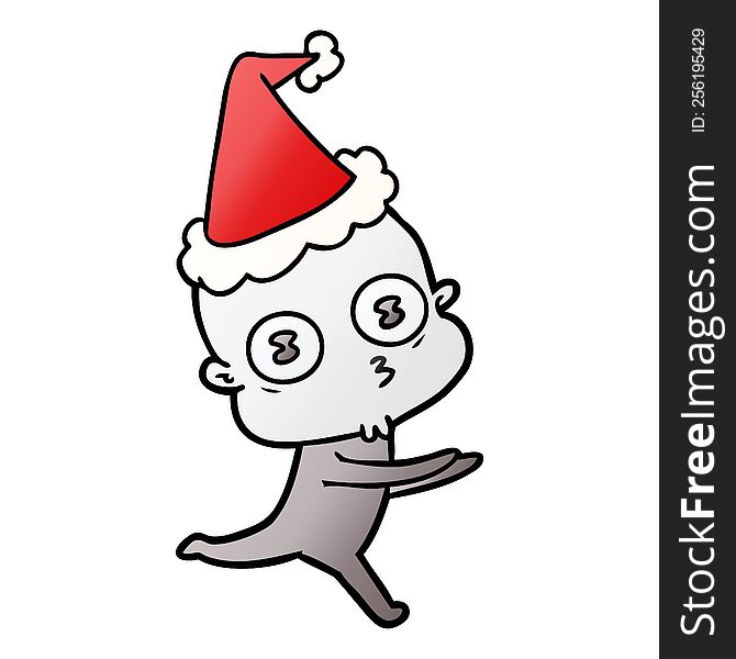 Gradient Cartoon Of A Weird Bald Spaceman Running Wearing Santa Hat