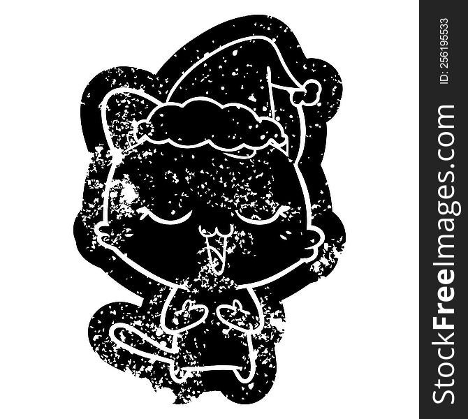 Happy Cartoon Distressed Icon Of A Cat Wearing Santa Hat