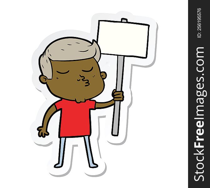sticker of a cartoon model guy pouting with sign