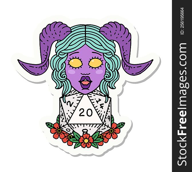 sticker of a tiefling with natural twenty dice roll. sticker of a tiefling with natural twenty dice roll