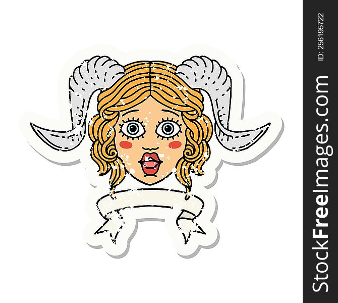Retro Tattoo Style tiefling character face with scroll banner. Retro Tattoo Style tiefling character face with scroll banner