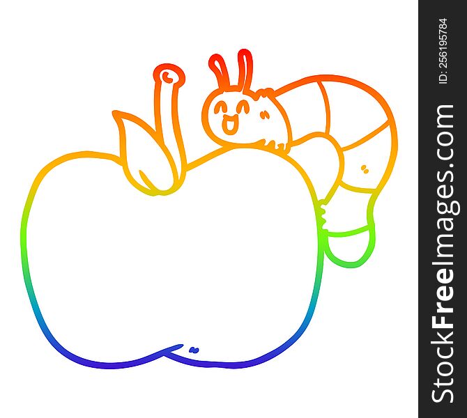 Rainbow Gradient Line Drawing Cartoon Apple And Bug