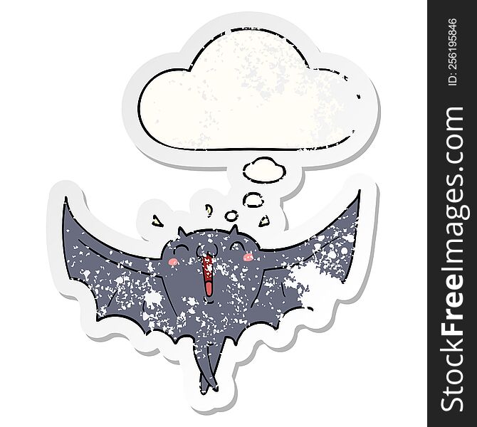 Cartoon Happy Vampire Bat And Thought Bubble As A Distressed Worn Sticker