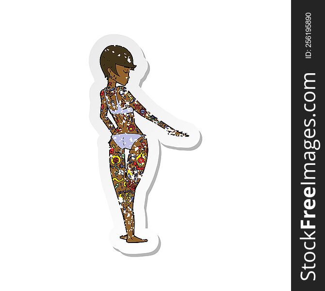 Retro Distressed Sticker Of A Cartoon Bikini Girl Covered In Tattoos