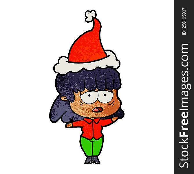 hand drawn textured cartoon of a tired woman wearing santa hat