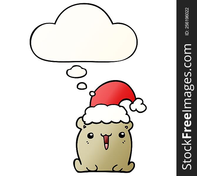 Cute Cartoon Bear With Christmas Hat And Thought Bubble In Smooth Gradient Style