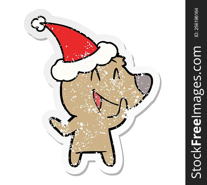 Laughing Bear Distressed Sticker Cartoon Of A Wearing Santa Hat