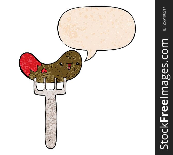 Cartoon Sausage And Fork And Speech Bubble In Retro Texture Style