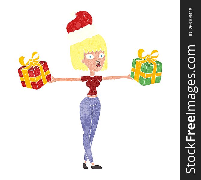 Retro Cartoon Woman With Xmas Presents