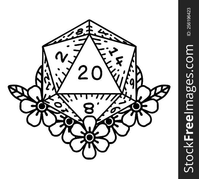 Natural 20 D20 Dice Roll With Floral Elements Illustration