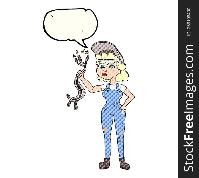 freehand drawn comic book speech bubble cartoon electrician woman