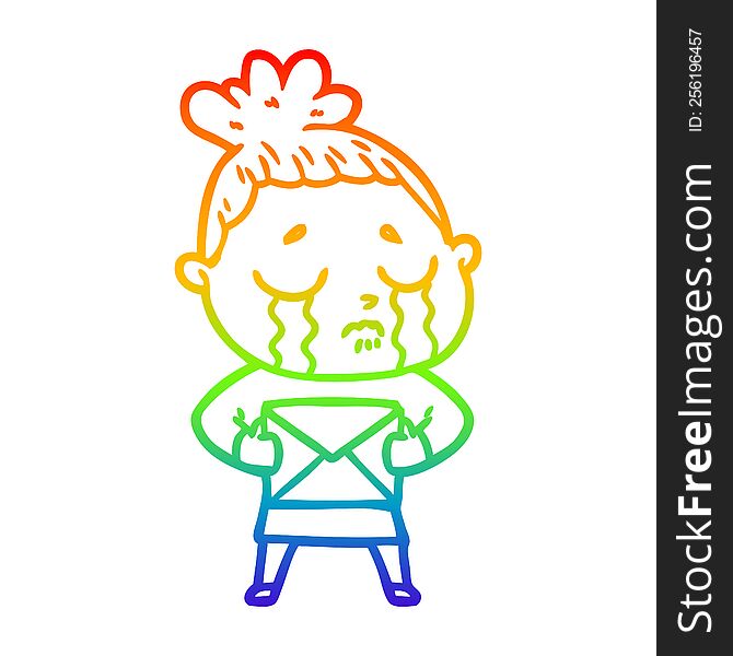 rainbow gradient line drawing of a cartoon crying woman with letter